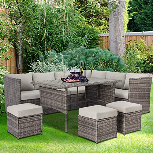 U-MAX Patio Furniture Sets 7 Pieces Outdoor Conversation Set All Weather Wicker Sectional Sofa Couch Dining Table Chair with Ottoman (Gray)