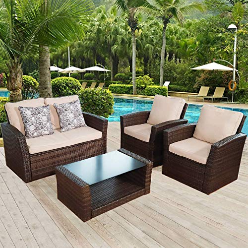 Aclumsy 4 Piece Outdoor Patio Furniture Sets, Wicker Conversation Set for Porch Deck, Gray Rattan Sofa Chair with Cushion