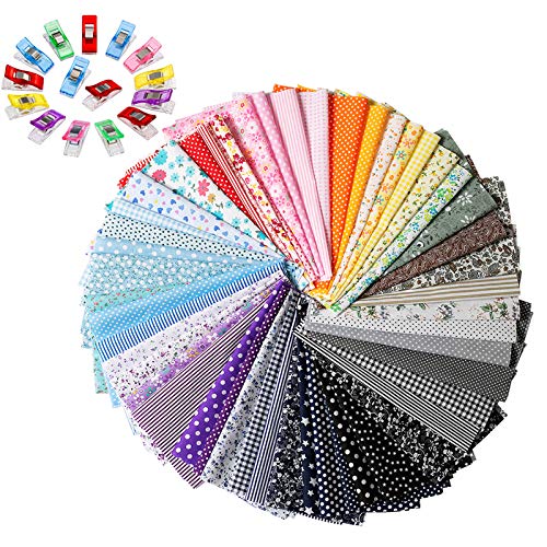 Quilting Fabric for Sewing, Ehpow 50pcs Floral Pattern 9.84' x 9.84' (25cm x 25cm) Craft Fabric Bundle Patchwork Pre-Cut Quilt Squares Fabric, with 50pcs Colorful Plastic Wonder Clip Sewing Clips