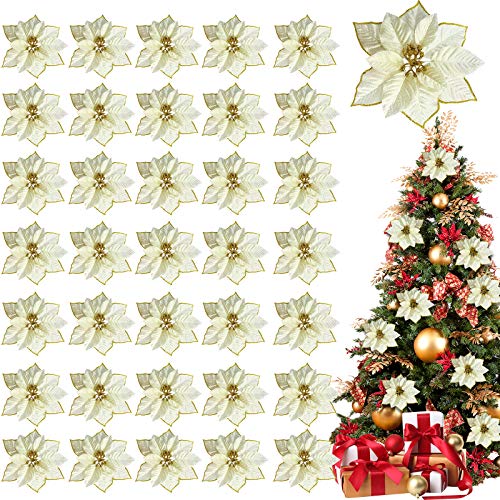 TURNMEON 36 Pack Christmas Gold Silver Glitter Poinsettia Artificial Silk Flowers Picks Christmas Tree Ornaments 4 Inch Wide for Gold Christmas Tree Wreaths Garland Holiday Decoration (Gold)
