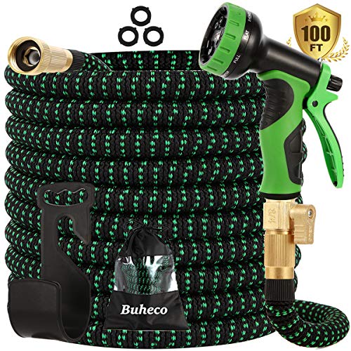 Buheco Expandable Garden Hose 100ft-Water hose with 9 Function Spray Nozzle and Durable 4 Layers Latex-3/4'' Solid Brass Fittings-Strength 3750D No Kink Flexible Lightweight Expanding Hose Pipe Set