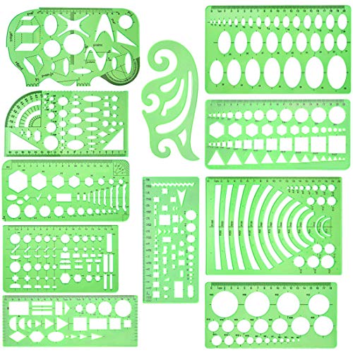 11 Pcs Geometric Drawings Templates Measuring Rulers Plastic Measuring Templates Plastic Geometry Stencils with 1 Pack Poly Zipper Envelopes for Office and School, Building Formwork, Drawings Drafting