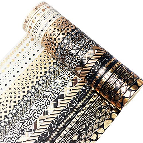 Yubbaex 20 Rolls Washi Tape Set Black Gold Foil Print Decorative Tapes for Arts, DIY Crafts, Bullet Journals, Planners, Scrapbook, Wrapping 7mm (Skinny Black Gold x 20 Rolls)