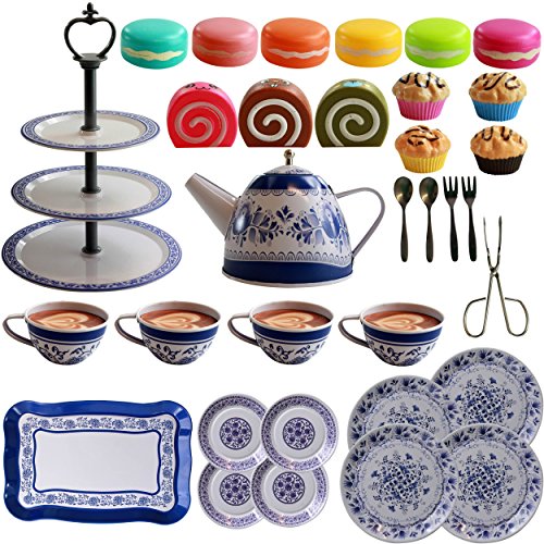 IQ Toys Tea and Cake Set Pretend Play Tea Party - 39 Piece Vintage Designed Porcelain Look Play food accessories Set for Kids with Teapot, Saucers, Tea Cups