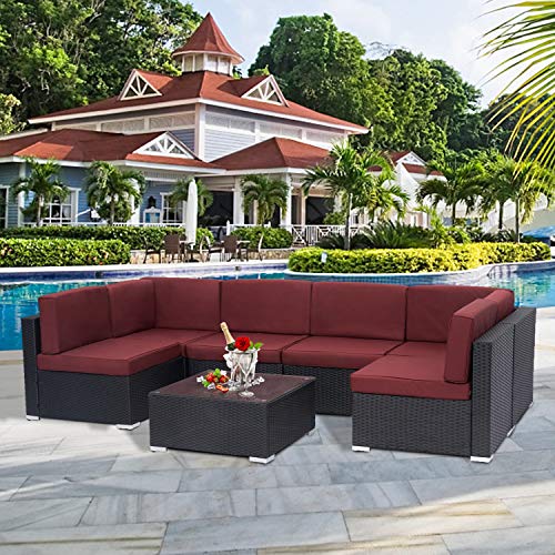 Kinsunny 7 PCs Outdoor Patio Sectional Set Black Rattan Wicker Furniture Sofa Set Conversation Chairs Thick Cushions with Pillows and Tea Table