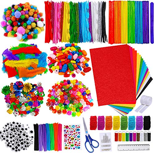 Bulk Art Craft Supplies Kit for Kids Toddlers Rainbow Colors Pipe Cleaners Pom-Poms Felt Sheets Wooden Beads Feather Black Goodly Eyes Stickers Assortment for Classroom Crafting Projects Activities