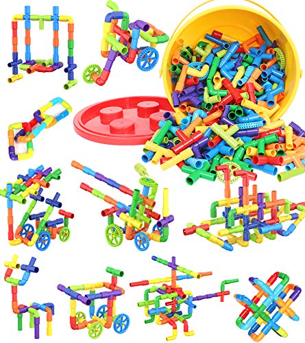 250 Pieces STEM Building Blocks, Pipe Tube Sensory Toys, Creative Tube Locks Construction Set with Wheels, Storage Box, Interlocking Preschool Educational Learning Toys, Present Gift for Boys Girls 3+