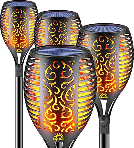 Solar Flame Torch Lights Outdoor, Decorative Pack of 4 piece Lamp with Dancing Flames Torches Landscape, Waterproof Outdoors Garden Patio Deck Decorations Lighting with Auto On/Off Security Light