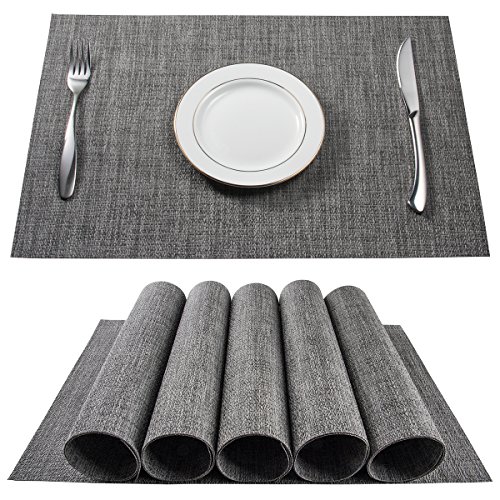 BETEAM Placemats, Stain Resistant Anti-Skid Washable PVC Table Mats Woven Vinyl Placemats, Set of 6(Grey)
