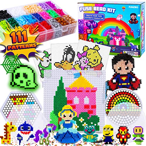 FunzBo Fuse Beads Craft Kit - 111 Patterns Melty Fusion Colored Beads Arts and Crafts Pearler Set for Kids - 5500 5mm Bead 9 pegboards for Boys Girls Age 5 6 7 Classroom Activity Gift (Large)