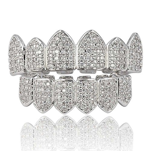 JINAO 18K Gold Plated Macro Pave CZ Iced-out Grillz With EXTRA Molding Bars Included (Silver set)