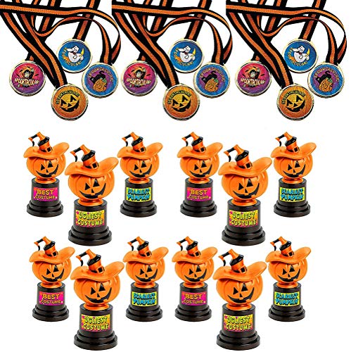Halloween Costume Contest Trophy With Spooktacular Award Ribbons Necklaces [12 Of Each] For Costume Party. Jack-O-Lantern Pumpkin Trophies with 12 Assorted Stickers Halloween Award Medals, By 4E’s Novelty