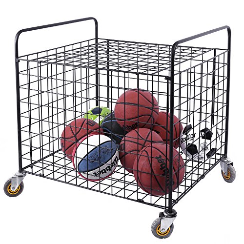 MyGift Black Metal Rolling Multi Sports Ball Storage Hopper & Basketball, Football, Soccer Equipment Cart