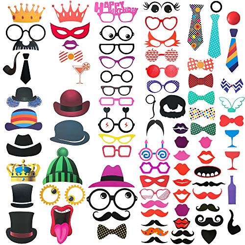 FRESHME DIY Photo Booth Props Kit - 90pcs Photobooth Prop Funny Selfie Accessories Decoration Supplies Costume Mustache Hat Glasses Tie for Birthdays Wedding Holiday Party Christmas Halloween