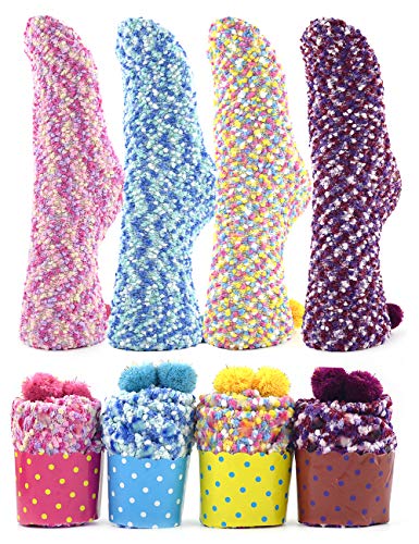 K MASANIJI Women's Fuzzy Socks Polka Dots Anti-skid Slipper Socks Gift Cupcake Socks (Yellow Collection)