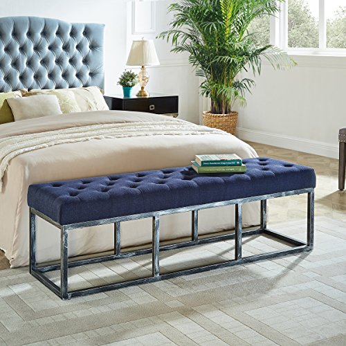 24KF Upholstered Tufted Long Bench Seats with Metal Frame Leg, Ottoman with Padded Seat-Navy Blue