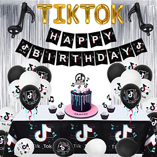 TIK Tok Birthday Party Decorations Set with Happy Birthday Banner,Tablecloth,Silver Fringe Curtain, Cake Toppers,TIK Tok Foil Balloon and Latex Balloons, Birthday Party Supplies for Kids Adults