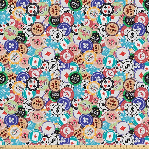 Lunarable Poker Fabric by The Yard, Colorful Gambling Chips with Various Designs Cartoon Style Casino Themed Illustration, Microfiber Fabric for Arts and Crafts Textiles & Decor, 1 Yard, Teal