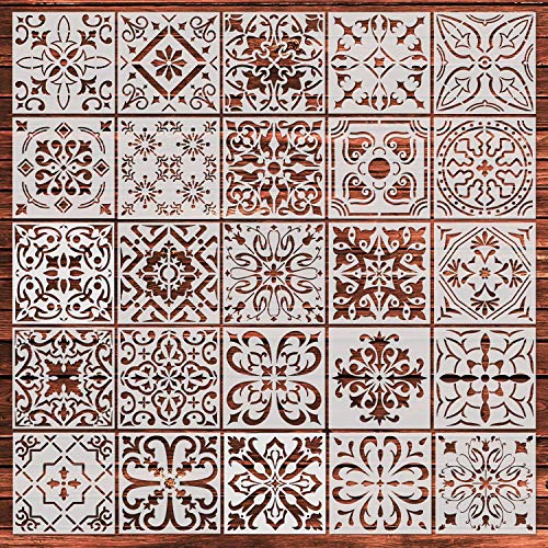 YUEAON 25-Pack (6x6 Inch) Painting Stencils for Floor Wall Tile Fabric Wood Burning Art&Craft Supplies Mandala Template-reuseable