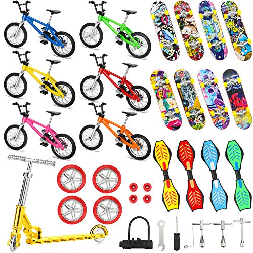 34 Pieces Mini Finger Toys Set Finger Skateboards Finger Bikes Scooter Tiny Swing Board Fingertip Movement Party Favors Replacement Wheels and Tools for Finger Training, Assorted Color