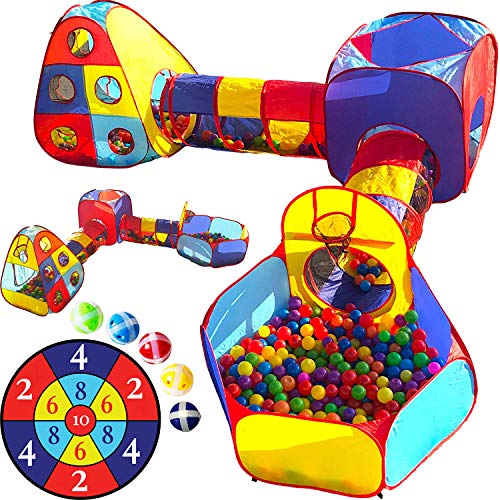 Playz 5pc Kids Playhouse Jungle Gym Ball Pit with Dart Board & 5 Velcro Balls - Fold Up Pop Up Tents, Tunnels & Basketball Pit Play Center for Boys, Girls, Baby, Toddlers w/ Travel Zipper Storage Bag