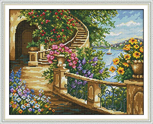 Joy Sunday Cross Stitch Kits 14CT Counted Spring Balcony 16.9'x13.8' or 43cmx35cm Easy Patterns Embroidery for Girls Crafts DMC Cross-Stitch Supplies Needlework Scenery Series