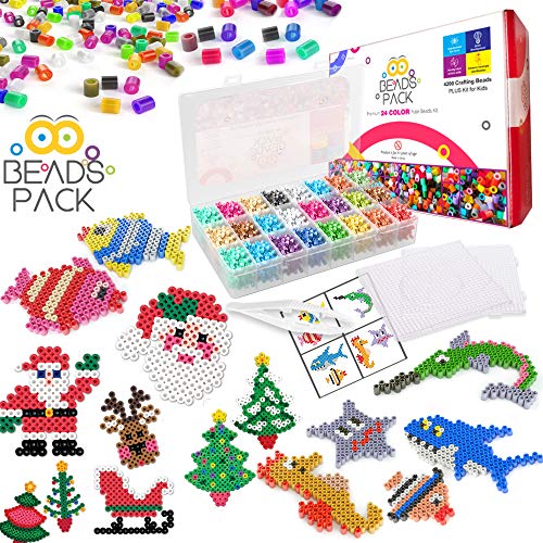 Beads Pack – Premium 4200 Fuse Bead Kit – Melty Iron Beads Craft Set for Kids Includes 24 Colors Melting Fuse Beads, 5mm Fusible Beads Pegboards & Colored Beads Pattern Set for Crafting DIY Projects