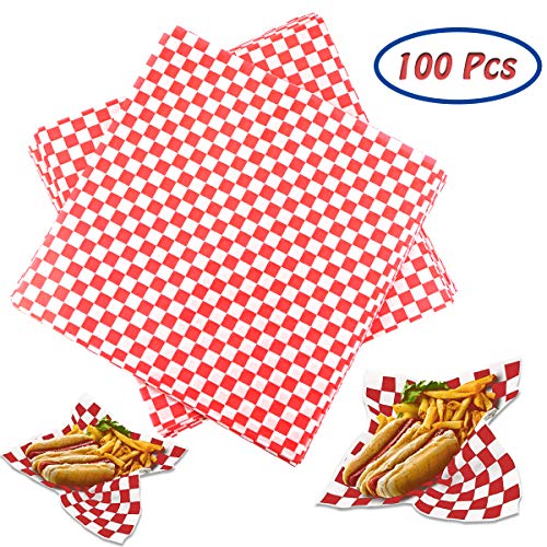 Hslife 100 Sheets Red and White Checkered Dry Waxed Deli Paper Sheets, Paper Liners for Plasic Food Basket, Wrapping Bread and Sandwiches