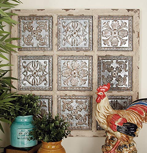 Deco 79 Rustic Wood and Metal Ornate Wall Plaque, 31 by 31', Distressed White and Silver