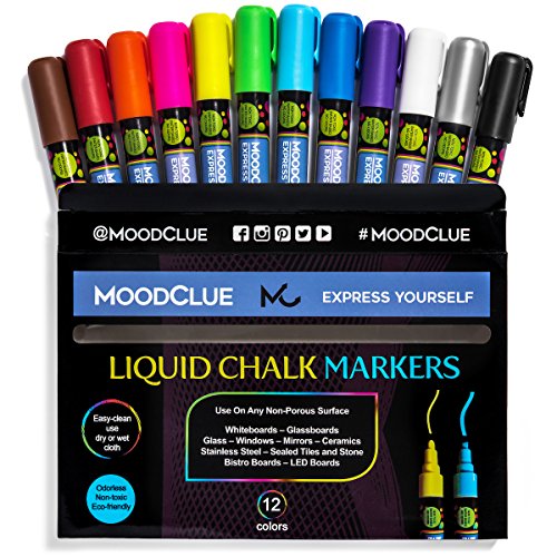 Perfect for windows, glass, car windshields, whiteboards, most chalkboards. 12 neon liquid chalk markers. Washable, non-toxic, odorless. Wet or dry erase. Reversible tip.
