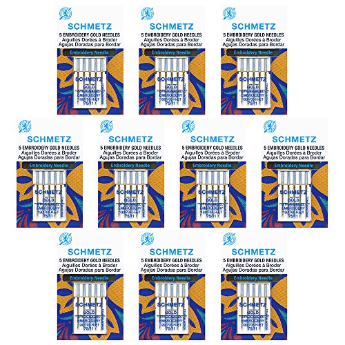 50 Schmetz Gold Embroidery Sewing Machine Needles - size 75/11 - Box of 10 cards