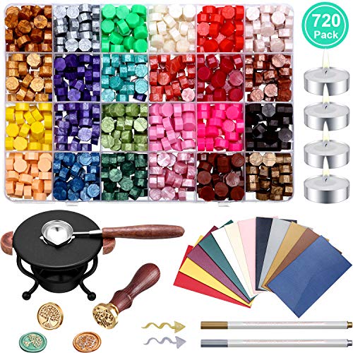 742 Pieces Wax Seal Kit, 720 Wax Seal Beads Octagon Wax Beads, 4 Wax Candles, 12 Vintage Envelopes, Wax Seal Warmer, Wax Melting Spoon, 2 Wax Stamp and 2 Marker Pen for Wax Stamp Sealing