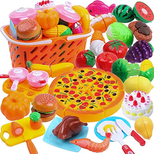 DigHeath 35pcs Pretend Play Food Set,Kitchen Cutting Toys,BPA Free Plastic Fruits & Vegetables for Kids with Realistic Basket,Knife and Chopping Board,Best Children Educational Play Set