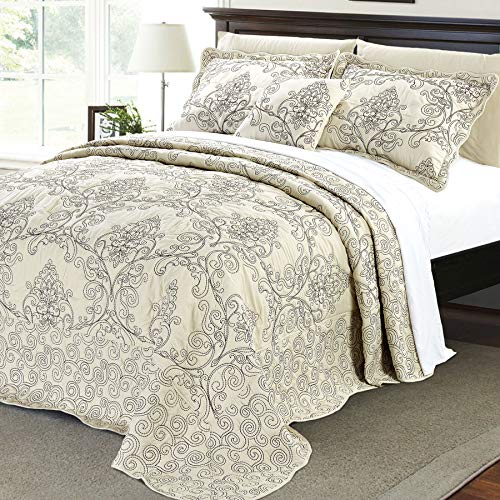 Home Soft Things Serenta Damask 4 Piece Bedspread Set, Oversize Queen (110' x 120'), Beige