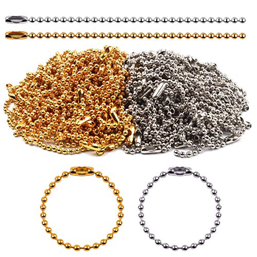 BronaGrand 100 Pieces Ball Chains Bead Connector Clasp 2.4 mm Diameter Keychain Tag Key Rings 100mm Long,Gold and Silver
