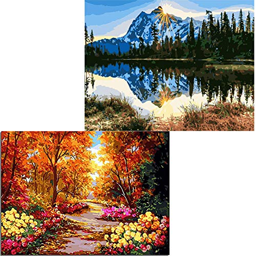 Layaw 2 Pack Paint by Numbers for Adults Kids -DIY Oil Painting Acrylic Paint by Number Kits 16”x20“ (Landscape+Tranquil Lake)