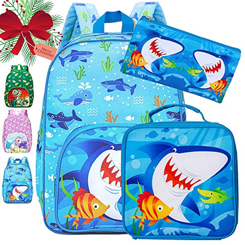3PCS Preschool Backpack Boys, 15' Shark Bookbag and Lunch Box