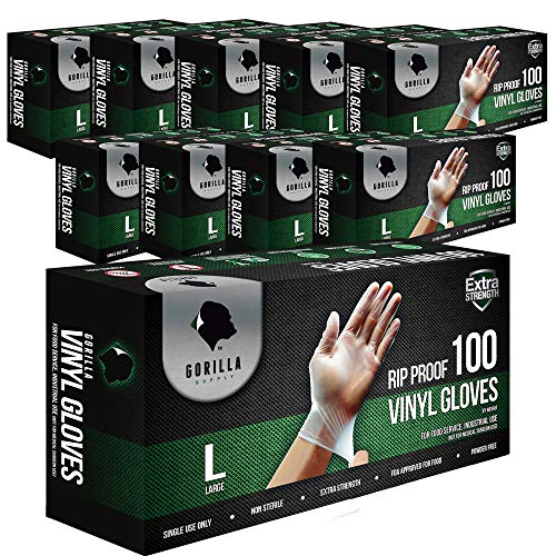 1000 Gorilla Supply Heavy Duty Vinyl Gloves Large 10 of 100 Powder Free 4mil Disposable