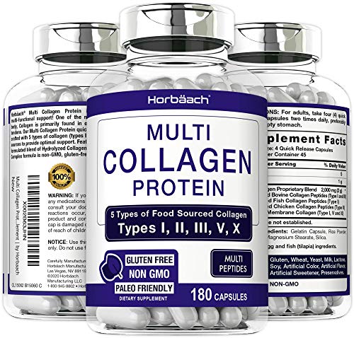 Multi Collagen Protein Capsules 2000 mg | 180 Count | Type I, II, III, V, X | Collagen Peptide Pills | Keto & Paleo Friendly, Non-GMO, Gluten Free Supplement | by Horbaach