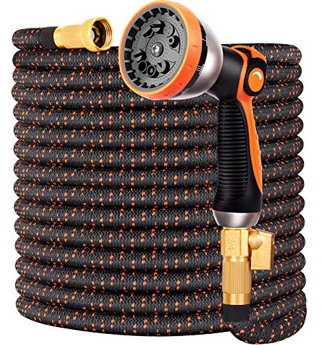 Double Couple Garden Hose Flexible Car Wash Water Hose - Super Durable 3750D,4-Layers Latex,3/4' Nozzle Solid Brass Connectors with 10-Way Professional Zinc Water Spray Nozzle(100 FT, Orange)