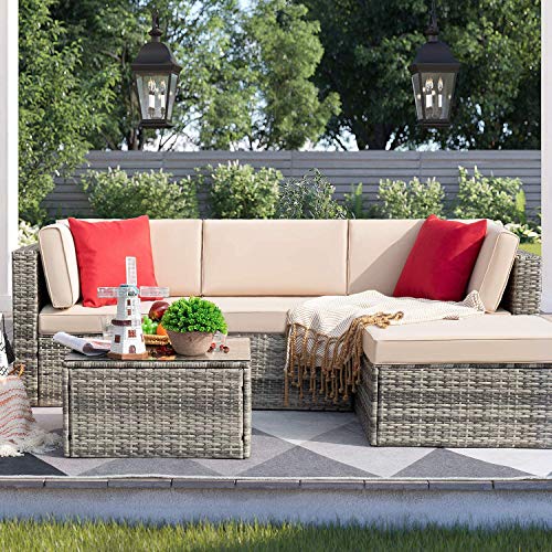 Devoko 5 Pieces Patio Furniture Sets All-Weather Outdoor Sectional Sofa Manual Weaving Wicker Rattan Patio Conversation Set with Cushion and Glass Table (Grey)
