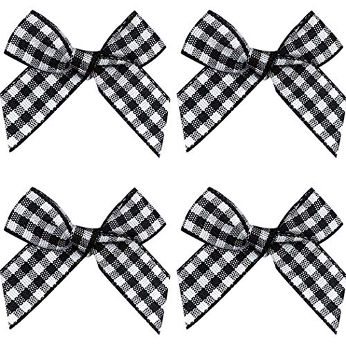 VIVIQUEN Gingham Craft Ribbon Bows Mini Checkered Ribbon Flowers Appliques for Sewing, Gift, DIY Craft, Wedding Decoration Ornament (BLACK, Small Size 25PCS)