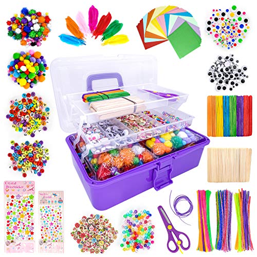 kortes 1405 Pcs Art and Craft Supplies for Kids, Toddler DIY Craft Art Supply Set Included Pipe Cleaners, Pom Poms, Foam Balls and Feather, Folding Storage Box - All in One for Craft DIY Art Supplies