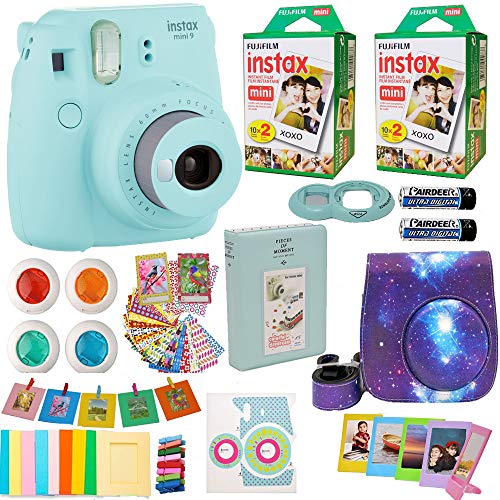 Fujifilm Instax Mini 9 Camera + Fuji Instant Instax Film (40 Sheets) Includes Galaxy Camera Case + Assorted Frames + Photo Album + 4 Color Filters and More Top Accessories Bundle (Star Ice Blue)