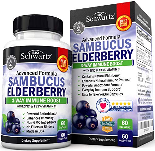 Sambucus Elderberry Capsules with Zinc & Vitamin C (2 Month Supply) - Dr. Approved Women & Men's Daily Herbal Supplement for Immune Support, Skin Health - Powerful Antioxidant - Natural Elderberries