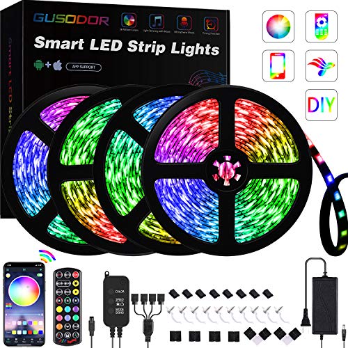 65.6FT LED Strip Lights , GUSODOR RGB Light 5050 LEDs Tape Strips Rope Light Music Sync Colors Changing with 24-Key Remote for Home Bedroom TV Party Christmas - Smart APP Controlled [ Black Kit ]