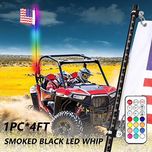 Niwaker 4ft Smoked Black LED Whip Lights with RF Remote Control RGB Chasing/Dancing Lighted Whips Antenna LED Whips for ATV UTV Polaris RZR Off Road Truck Dune Vehicle