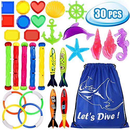 Underwater Swimming Diving Pool Toy Rings 4 pcs, Diving Sticks 5 pcs and Torpedo Bandits 4 pcs Sets Under Water Games Training Gift for Boys Girls