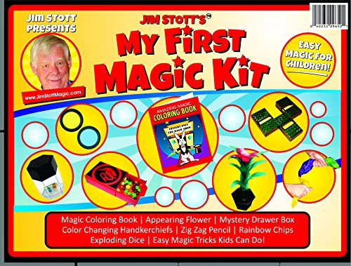 Jim Stott’s 'My First Magic Kit' for Kids, Magic Tricks Set for Girls and Boys, Appearing Flower, Magic Coloring Book, Mystery Box, Color Changing Handkerchiefs, Exploding Dice, and More
