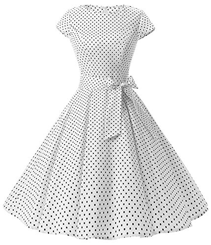 TINTAO Womens Classy Audrey Hepburn 1950s Retro Cap Sleeve Tea Swing Dresses, D108 (White dots, Medium)